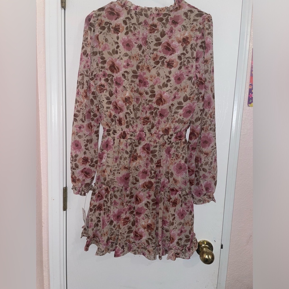 Crystal Doll Printed Long-Sleeve Fit & Flare Dress brown and floral mini dress - Picture 2 of 6